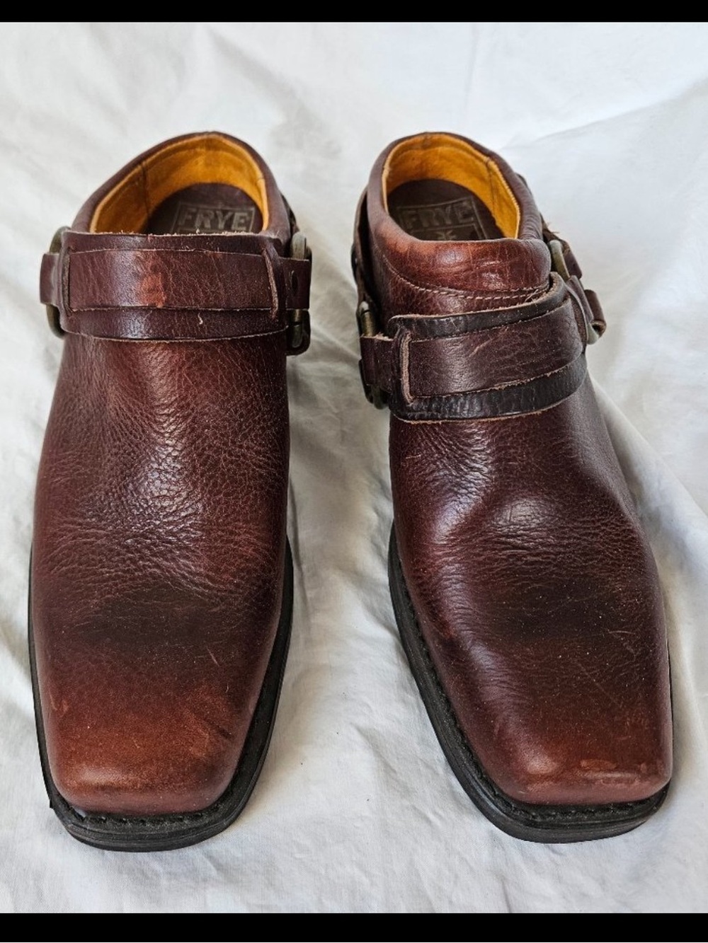 Frye Brown Leather Ankle Harness Buckle Mules clogs
